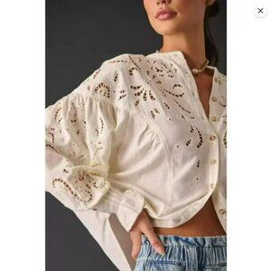 Anthropologie Pilcro Structured Eyelet Blouse Cream/Off-White  Large GUC